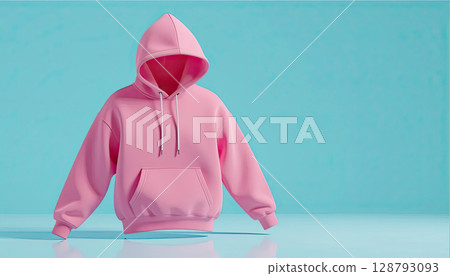 A pink hoodie shown from the front view with sleeves slightly aligned along the body 128793093