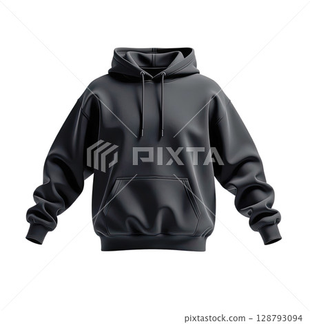 A black hoodie shown from the front view with sleeves slightly aligned along the body. 128793094