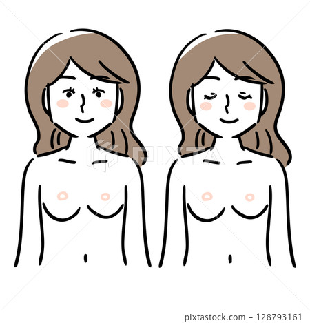 Woman, topless, black outline, brown hair, eyes wide open and closed set 128793161