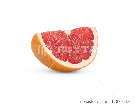 Juicy fresh grapefruit slice isolated. Citrus fruit wedge with segments with clipping path. 128793185