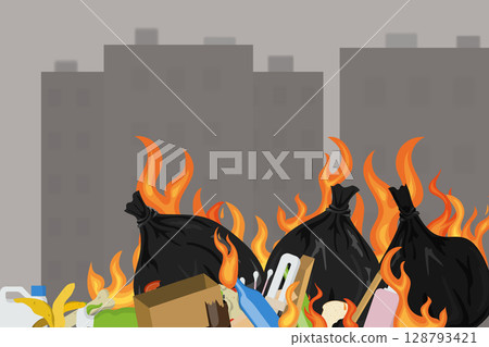 Burning garbage bags polluting a city with smoke and flames 128793421