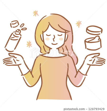 一位微笑的女人，雙手向上，閉著眼睛，手裡拿著乳液和乳霜 128793429