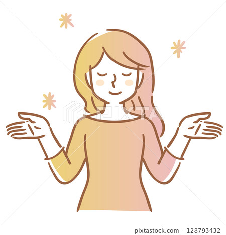 閃閃發光的女人舉起雙手,閉上眼睛微笑 閃閃發光的女人舉起雙手,閉上眼睛微笑 128793432