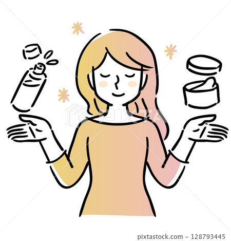 一位微笑的女人，雙手向上，閉著眼睛，手裡拿著乳液和乳霜 128793445