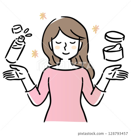 A smiling woman with her hands facing up and her eyes closed, holding lotion and cream A smiling woman with her hands facing up and her eyes closed, holding lotion and cream 128793457