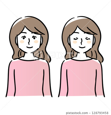 Smiling woman with eyes open, woman with eyes closed, set, simple Smiling woman with eyes open, woman with eyes closed, set, simple 128793458