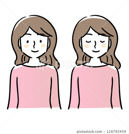 Smiling woman with eyes open, woman with eyes closed, set, simple Smiling woman with eyes open, woman with eyes closed, set, simple 128793459