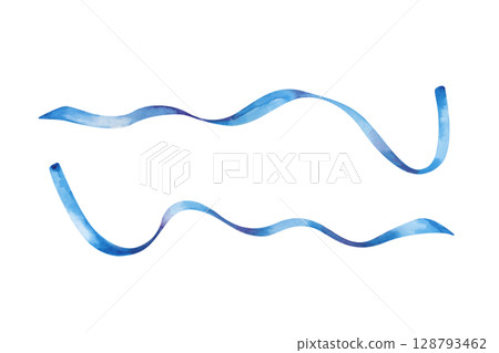 Two thin, beautifully curved blue ribbons are hand-drawn. The watercolor illustration is isolated on a white background. Festive decor to decorate the holiday. A template for decorating holidays Two thin, beautifully curved blue ribbons are hand-drawn. The watercolor illustration is isolated on a white background. Festive decor to decorate the holiday. A template for decorating holidays 128793462