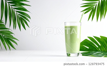 AI 圖片：玻璃杯中的綠色冰沙 128793475