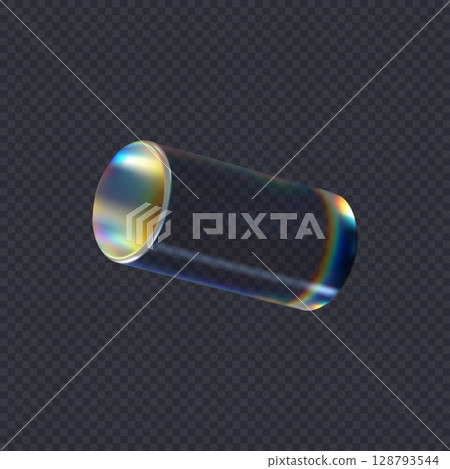 3d transparent glossy cylinder with dispersion effect. Rainbow colors reflection glass. Vector illustration. 128793544