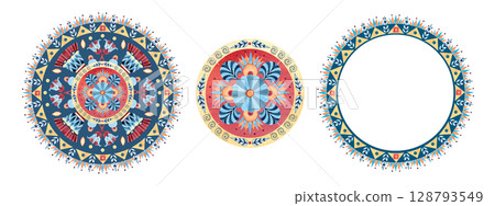 Set with arabesque frames. Ancient colorful geometric patterns, ornaments. Sacred lotus of East culture. Watercolor illustration isolated from background white template. Arab style for logo, postcard 128793549