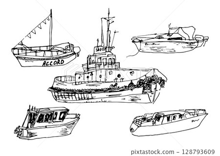 Set of ships, boats, sea and river vessels hand drawn on paper, isolated on background Set of ships, boats, sea and river vessels hand drawn on paper, isolated on background 128793609