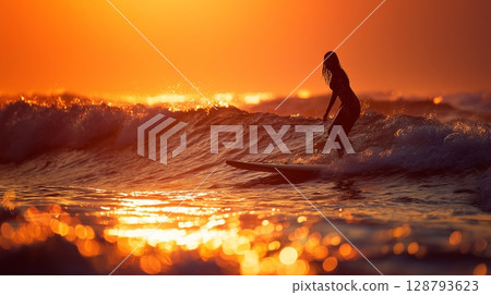 Surfer woman riding the last wave in the ocean at sunset 128793623
