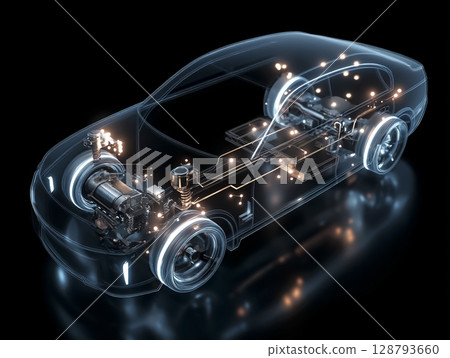 CG image of wireframe skeleton of main parts and wiring of V automobile CG image of wireframe skeleton of main parts and wiring of V automobile 128793660