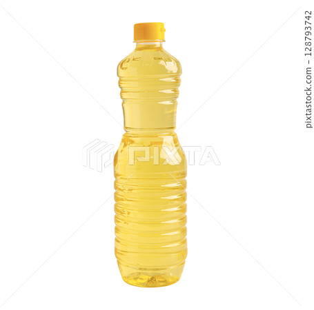 Vegetable oil in bottle isolated on white background with clipping path. Vegetable oil in bottle isolated on white background with clipping path. 128793742