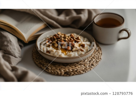 A bowl of oatmeal topped with nuts and honey sits on a woven mat next to a warm cup of tea, accompanied by an open book on a relaxed morning setting 128793776