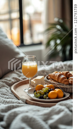 Enjoying a laid-back morning with a tasteful breakfast including croissants, a selection of fruits, and refreshing juice served on a wooden tray in a comfortable bed 128793789