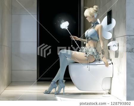 Illustration material of a toilet fairy who uses magic to disinfect 128793802