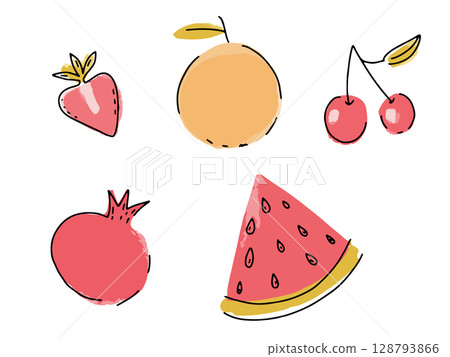 Fresh fruits doodle set. Strawberry, orange citrus, cherry, pomegranate and watermelon piece. Line and watercolor hand drawing. Fresh fruits doodle set. Strawberry, orange citrus, cherry, pomegranate and watermelon piece. Line and watercolor hand drawing. 128793866