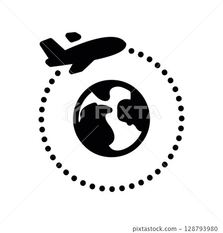 Airplane Circumnavigating the Globe on a Dotted Path Airplane Circumnavigating the Globe on a Dotted Path 128793980