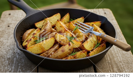 Rustic potato wedges roasted with rosemary and salt in a pan for an outdoor summer picnic 128794192