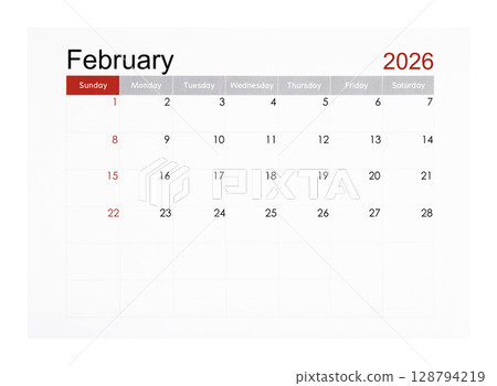 February 2026 monthly calendar page isolated on white background, Saved clipping path. 128794219