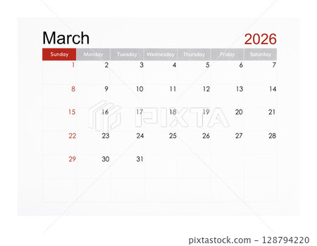 March 2026 monthly calendar page isolated on white background, Saved clipping path. 128794220