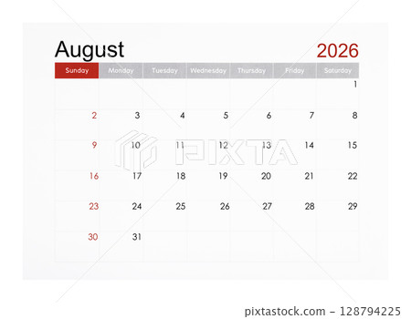 August 2026 monthly calendar page isolated on white background, Saved clipping path. August 2026 monthly calendar page isolated on white background, Saved clipping path. 128794225
