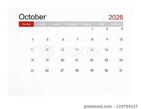 October 2026 monthly calendar page isolated on white background, Saved clipping path. 128794227