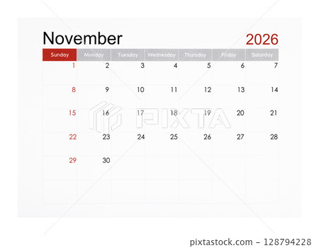 November 2026 monthly calendar page isolated on white background, Saved clipping path. 128794228