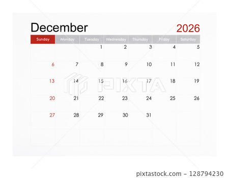 December 2026 monthly calendar page isolated on white background, Saved clipping path. 128794230