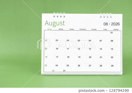 August 2026 desk calendar in green color background. August 2026 desk calendar in green color background. 128794290