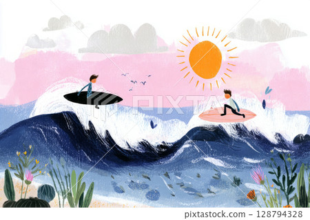 A contemporary home features large windows and is surrounded by a lush wild garden brimming with colorful flowers and green grass against a backdrop of smooth mountain ridges, banner 128794328