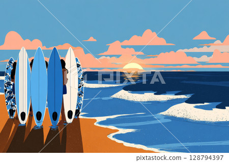 A contemporary home features large windows and is surrounded by a lush wild garden brimming with colorful flowers and green grass against a backdrop of smooth mountain ridges, banner 128794397