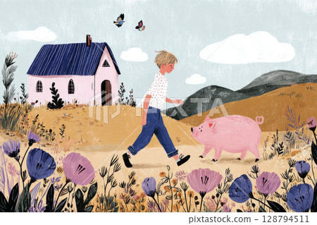 A striking modern house stands amidst a wild garden adorned with colorful foliage. The property features a spacious patio, perfect for enjoying nature's tranquility in autumn, banner A striking modern house stands amidst a wild garden adorned with colorful foliage. The property features a spacious patio, perfect for enjoying nature's tranquility in autumn, banner 128794511