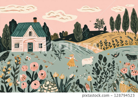 A striking modern house stands amidst a wild garden adorned with colorful foliage. The property features a spacious patio, perfect for enjoying nature's tranquility in autumn, banner A striking modern house stands amidst a wild garden adorned with colorful foliage. The property features a spacious patio, perfect for enjoying nature's tranquility in autumn, banner 128794523