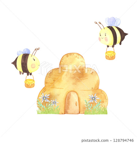 Beehive with bees and flowers, hand drawn watercolor illustration isolated on white background. Can be used for postcards, scrapbooking and other printed products. 128794746