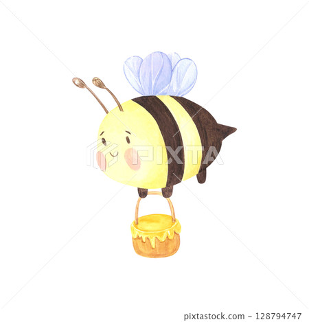 Honey bee with basket of pollen, hand drawn watercolor illustration isolated on white background. Can be used for label, postcards and other printed products. 128794747
