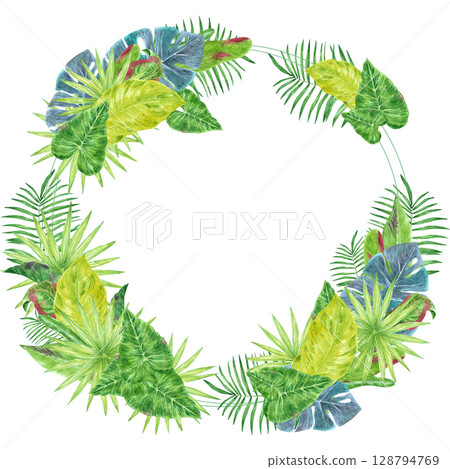 Tropical leaves wreath frame border, hand drawn watercolor illustration isolated on white background. Can be used for cards, invitation and other printed products. 128794769