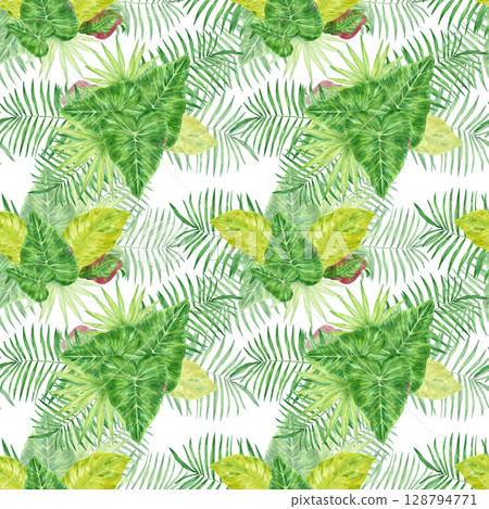 Tropical leaves seamless pattern, hand drawn watercolor rainforest illustration isolated on white background. Can be used for textile, fabric and other printed products. Tropical leaves seamless pattern, hand drawn watercolor rainforest illustration isolated on white background. Can be used for textile, fabric and other printed products. 128794771