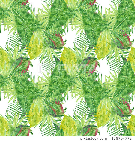 Tropical leaves seamless pattern, hand drawn watercolor rainforest illustration isolated on white background. Can be used for textile, fabric and other printed products. 128794772