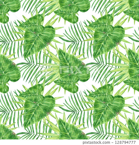 Tropical palm and monstera leaves seamless pattern, hand drawn watercolor rainforest illustration isolated on white background. Can be used for textile, fabric and other printed products. 128794777