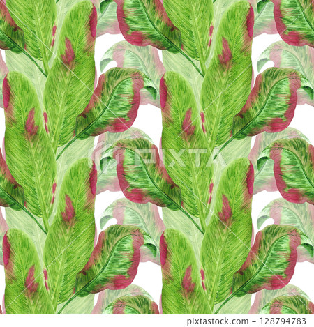 Tropical leaves seamless pattern, hand drawn watercolor rainforest green and red bushes illustration isolated on white background. Can be used for textile, fabric and other printed products. 128794783