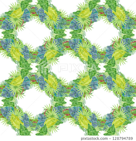 Tropical leaves seamless pattern, hand drawn watercolor rainforest bushes illustration isolated on white background. Can be used for textile, fabric and other printed products. 128794789