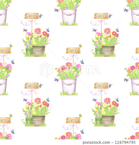 Hand drawn watercolor flowers in pots and boxes. Palisade composition seamless pattern isolated on white background. Can be used for textile, fabric, scrapbook and other printed products. Hand drawn watercolor flowers in pots and boxes. Palisade composition seamless pattern isolated on white background. Can be used for textile, fabric, scrapbook and other printed products. 128794795