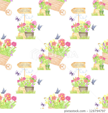 Hand drawn watercolor flowers in pots and cart. Palisade composition seamless pattern isolated on white background. Can be used for textile, fabric, scrapbook and other printed products. Hand drawn watercolor flowers in pots and cart. Palisade composition seamless pattern isolated on white background. Can be used for textile, fabric, scrapbook and other printed products. 128794797