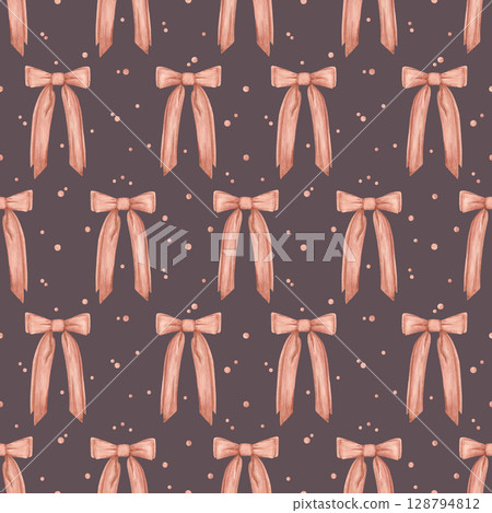 Hand drawn watercolor brown bow with confetti seamless pattern isolated on dark background. Can be used for textile, fabric scrapbook and other printed products. Hand drawn watercolor brown bow with confetti seamless pattern isolated on dark background. Can be used for textile, fabric scrapbook and other printed products. 128794812