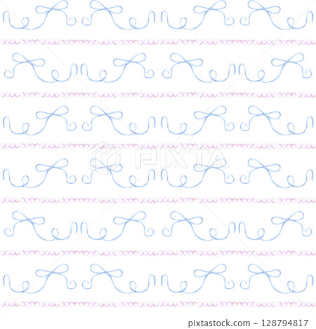 Hand drawn watercolor blue ribbon bow with pearls lines seamless pattern isolated on white background. Can be used for textile, fabric scrapbook and other printed products. 128794817