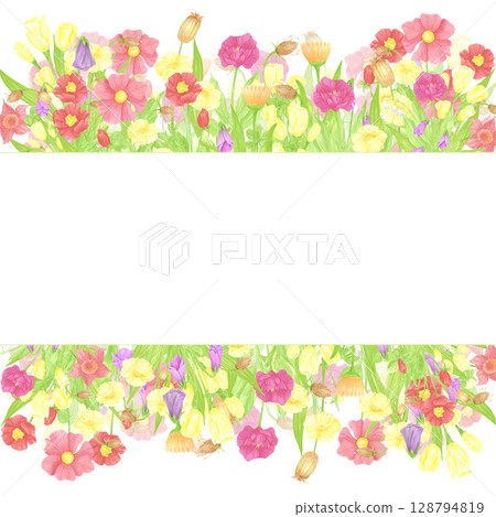 Hand drawn watercolor wildflowers and leaves frame border. Flower of the field isolated on white background. Can be used for postcard, label, scrapbook and other printed products. 128794819