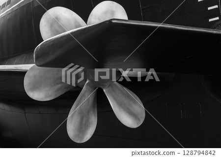 Black and white photography featuring massive submarine boat propeller Black and white photography featuring massive submarine boat propeller 128794842
